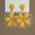 Detailed view of yellow woven flower earrings with gold metallic frames and textures - Woven Flower Style (2#) / Yellow