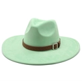 Detail view of mint green suede fedora with brown braided leather band and silver buckle - M (56-59cm) / Fluorescent Green (Suede)