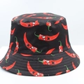 Detail shot of black bucket hat featuring an all-over red cartoon chili pepper pattern - 11# Black Red Chili Print