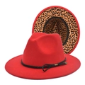 Red wool fedora hat with black braided cord and stylish leopard print brim interior - M (56-58cm) / Red