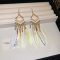 Detail view of Bohemian long feather tassel earrings with yellow beads on display - Yellow Drip Oil Rice Bead Feather Style (HE21018) / Yellow