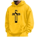 Men's yellow fleece hoodie with black Jesus cross print and adjustable drawstring hood - S / Tops / Yellow (Jesus)