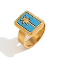 18K vergoldeter Ring mit hellblauem Emaille-Rechteck und Palmen-Relief-Design - US 6 / Ring / Goldblau