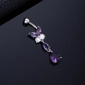 Silver butterfly belly ring with purple and white zircon crystals on a black surface - Teardrop Butterfly Silver