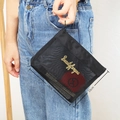 Portable black mesh travel toiletry bag with 18x15x4cm dimensions and top handle strap - 030 Spliced Triangle Gold LOGO