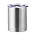 Close-up of 12oz stainless steel coffee mug with handle and clear plastic lid - 10oz / Natural