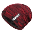 Men's winter knit beanie in red and black marl with warm fleece lining and brand tag - M (56-58cm) / Letter Red