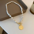 Baroque pearl necklace with 14K gold plated coin pendant and toggle clasp on tray - 1# Gold Round Plate Necklace