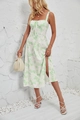 Floral print summer sundress with side slit detail and adjustable spaghetti straps - White with Light Green Floral