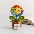 Handmade crochet rainbow sunflower plant in pot with emotional support quote card - Rainbow Sunflower