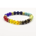 Detailed close-up view of the multicolored chakra gemstone beads and antique gold spacers. - Multicolor Gold
