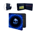 Men's bifold PU wallet featuring blue flame skull print with card slots and ID window - Blue Flame Skull (ZDQB-050)