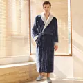 Men's navy blue flannel bathrobe with grey thick fleece lining and hooded tie belt - M / Men's / Navy Blue