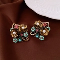 Macro shot of vintage floral earrings with pearls and colorful rhinestones on fabric - Silver Needle-Multi-color-Retro Complex Flower Pearl(68#)