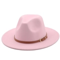 Detail of pink wool fedora hat with brown leather strap and golden buckle detail - Pink