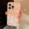 Detailed view of clear iPhone case with pink bows and sparkling crystal rhinestones - Silver Colorful Ribbon Bow + Rhinestone Stickers / iPhone 16 Pro