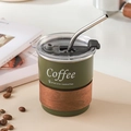 Green 304 stainless steel camping coffee cup with wood grain sleeve and metal straw - Cup + Wood Sleeve + Lid + Straw / Green