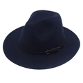 Detail of navy blue wool fedora hat featuring black leather band and silver metal buckle - M(56-58cm) / Navy Blue