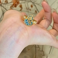 Golden ring with blue enamel heart and ginkgo leaves inlay featuring white cubic zirconia - Ginkgo Leaf Heart
