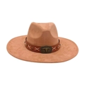 Classic camel wide brim fedora hat with brown leather band and bull head metal buckle - Khaki