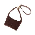 Brown faux lamb wool coffee cup sleeve with leather handle and gold metal clips - Coffee