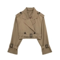 Y2K kaki cropped trenchcoat jas met dubbele rij knopen en een verstelbare tailleriem - XS / Donkerbruin