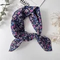 Floral navy blue cotton linen square scarf with pink blossoms as elegant hair tie band - XY-39 Navy Pink White Floral
