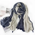 Linen blend scarf in navy blue and beige color block design with fringe edges - Navy & Grey Color Block