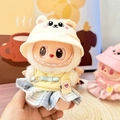 Plush doll outfit with yellow knit vest, plaid skirt, and bear ear hat for Labubu - White Bunny Hat + Sweet School Beauty Skirt (yellow) / First And Second Generation Keychains Are Compatible With La Cloth Dolls. Dolls Not Included.