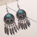Bohemian dreamcatcher earrings with silver metal feathers and blue turquoise stones - Feather Tassel Turquoise Antique Silver Style (E1010-2)