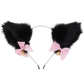 Dettaglio di cerchietto con orecchie di gatto in pelliccia nera, fiocchi rosa e campanelli - Nero puro