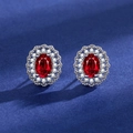 Elegant S925 silver stud earrings with oval red gemstone and double halo of white zircon - Tz-10 Red Diamond Lucky Charm Earrings With Full Diamond Rhinestone Edge