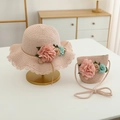 Pink girls straw hat and matching flower crossbody bag set for outdoor sun protection - Pink Hat + Bag