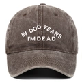 Détail du texte brodé 'IN DOG YEARS I'M DEAD' sur casquette en coton délavé - Taille unique / Café
