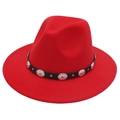 Detail of red wool fedora with black leather band and silver metal buckle accents - M (56-58cm) / Red