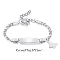 Silver Figaro chain bracelet with engravable bar 6x25mm and butterfly charm - Style 34 Kids (Silver/Butterfly Charm/Figaro Chain)