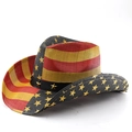 Detail of woven straw cowboy hat featuring American flag stripes and gold star studs - M (56-58cm) / Red Yellow Striped Gold 3D Star Rivet Style (05)