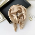 Artistic layout of beige pleated silk scarf with gold ring buckle on dark tray - 70*70cm / Pleated Light Coffee