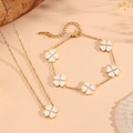 18K vergulde roestvrijstalen sieradenset met witte klaver ketting en armband set - Wit Set