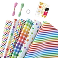 Birthday gift wrapping paper set with colorful stars, dots and geometric patterns - Set 1 (Includes Paper Rolls/Twine/Tape/Stickers)