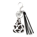 Cow print leather keychain with silver sunflower charm and black white tassels - 6 White Cow