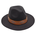 Detail of black wool fedora hat featuring a brown leather band with silver metal studs - M (56-58cm) / Dark Gray