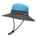 Outdoor wide brim sun hat with mesh vents and wind rope in sky blue and dark grey - Lake Blue
