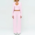 Three-piece light pink yoga set with zip jacket, crop tank top and wide-leg sports pants - S / Top And Bottom / Jacket+Vest+Wide Leg Pants—Cherry Blossom Pink