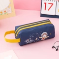 Navy blue canvas pencil case with Space Dreams print and a vibrant yellow handle strap - Dark Blue Space Astronaut
