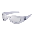 Matte silver Y2K cycling sunglasses with oval frames and black geometric logo on temples - Silver Black White Mercury