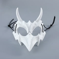 Macro detail of white bone-textured demon mask with sharp horns and elastic straps - Yaksha White