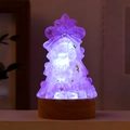 Purple glowing resin Christmas tree light with gold foil and round wooden base - Rose Quartz Lamp