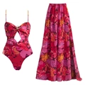 Set monokini rosso a fiori tropicali e gonna lunga con spacco e stella marina - Taglia S / Set / Floreale Rosso