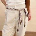Detail of vintage fabric waist chain with wood beads on linen trousers for women - Coffee and White Paisley Fabric Braided Waist Chain